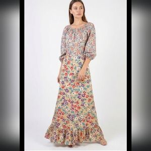 Vintage 70's Gold Label by Tricoville Peasant Maxi Dress Multicolored Floral UK